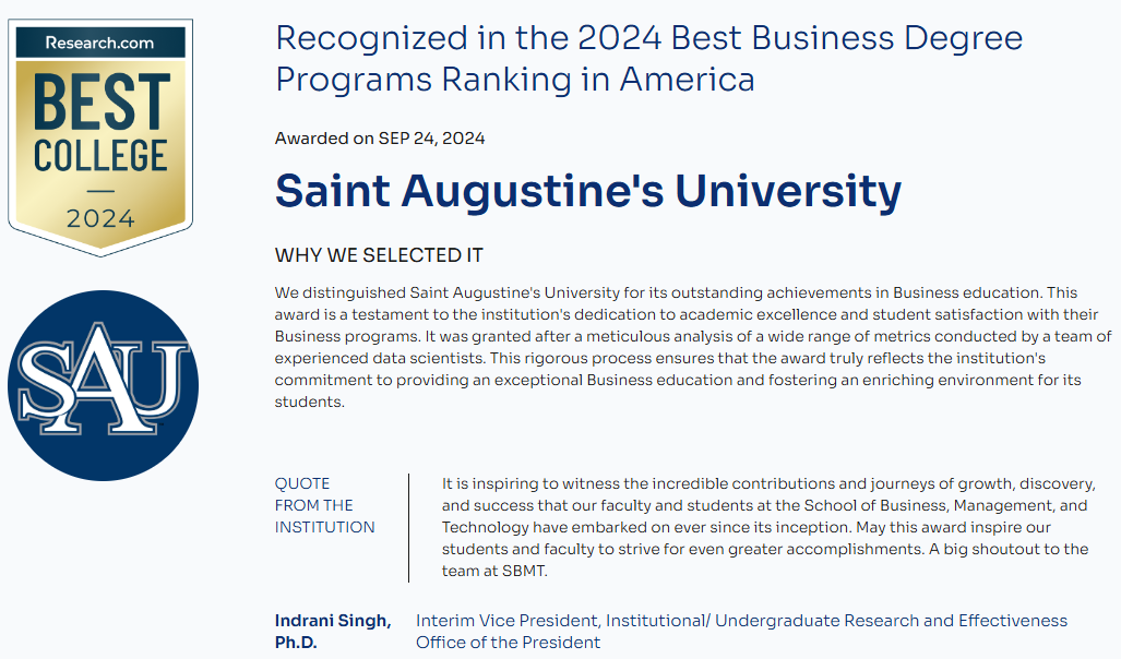 SAU business program receives national award – Saint Augustine’s University